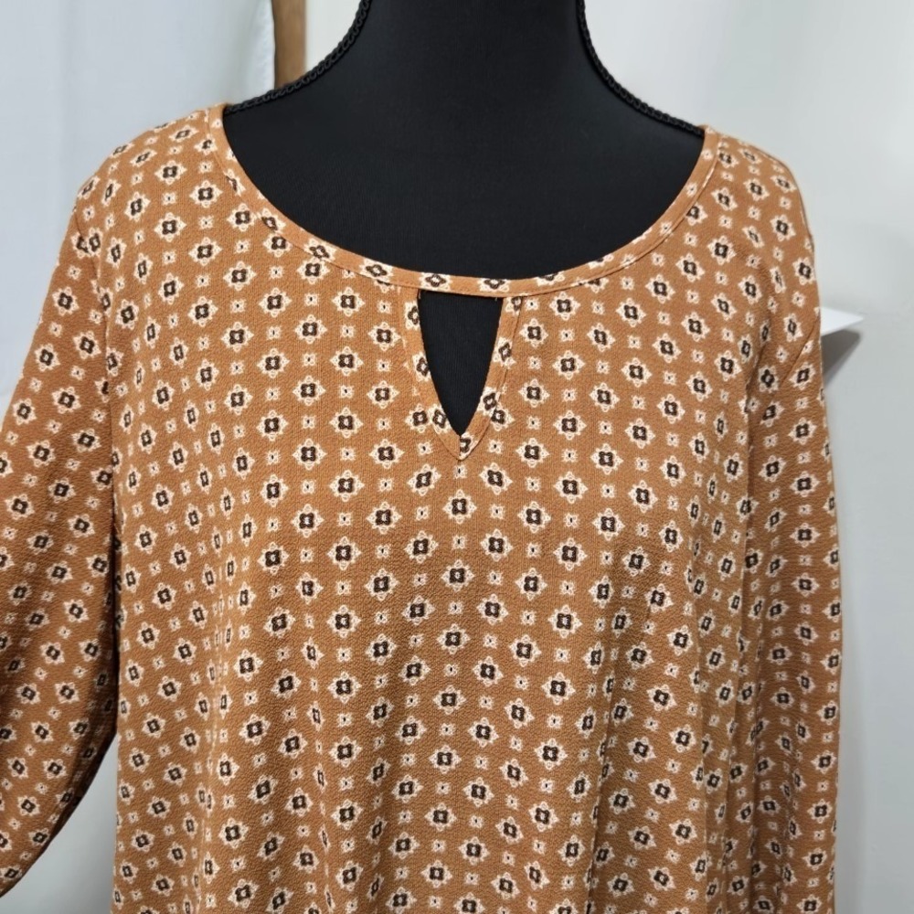 Poppi Women XL Brown Geometric Diamond‎ Print Tie Front 3/4 Sleeve Blouse Top